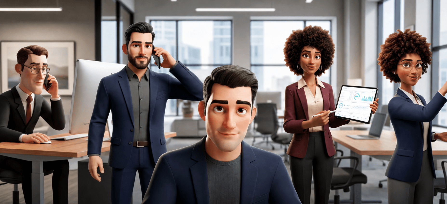 Ilustração do time de agentes virtuais da Wivanti em um ambiente de trabalho